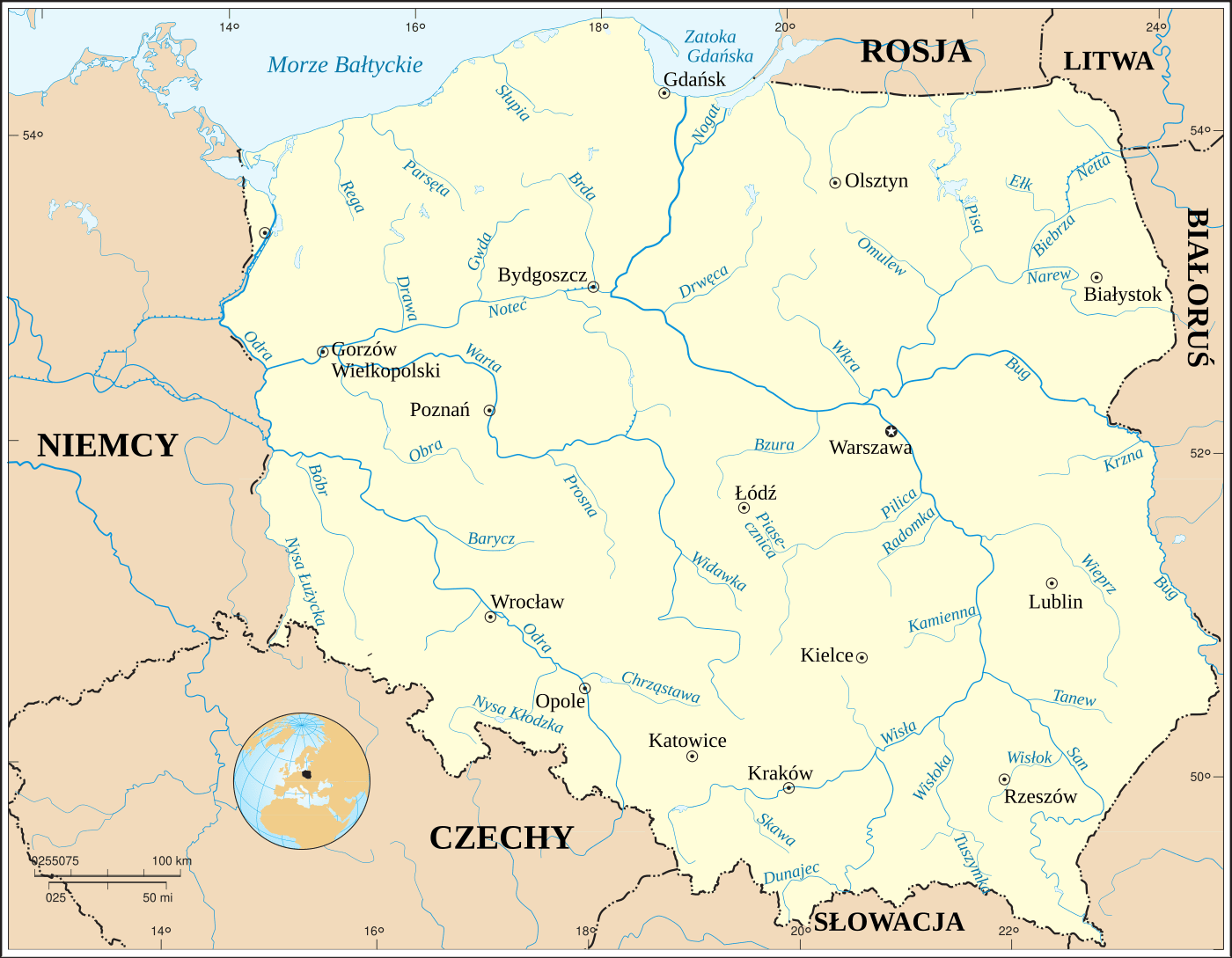 Mapa rzek Polski: Wisła, Odra i ich dopływy, z miastami wojewódzkimi i granicami państwa